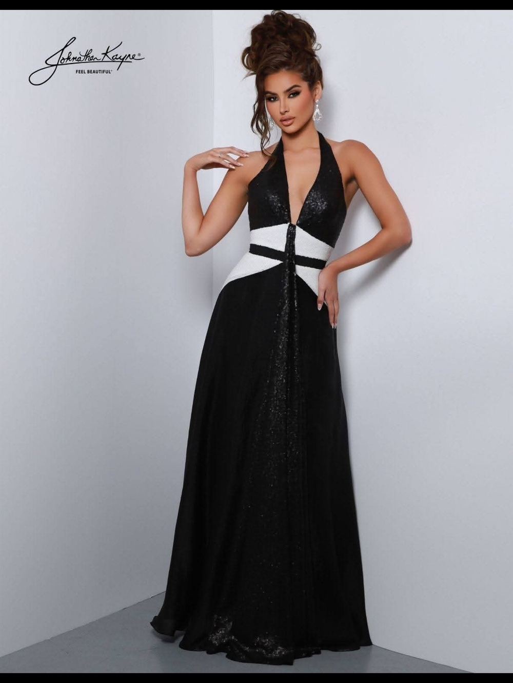 Johnathan Kayne Black and White Halter Prom Gown